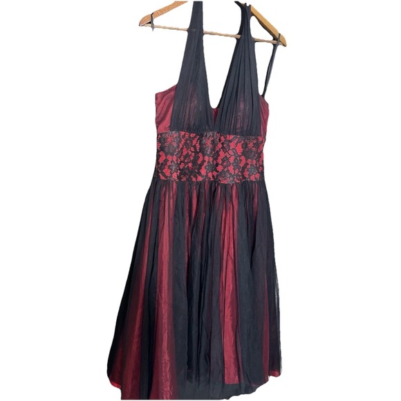 Black & Red Halter Formal Dress Vamp Lace Whimsigoth Fairy Sheer Tulle Y2K - Picture 1 of 8